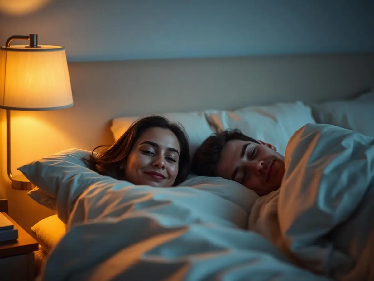 Mujer descansando en su cama con una sonrisa serena junto a su pareja
