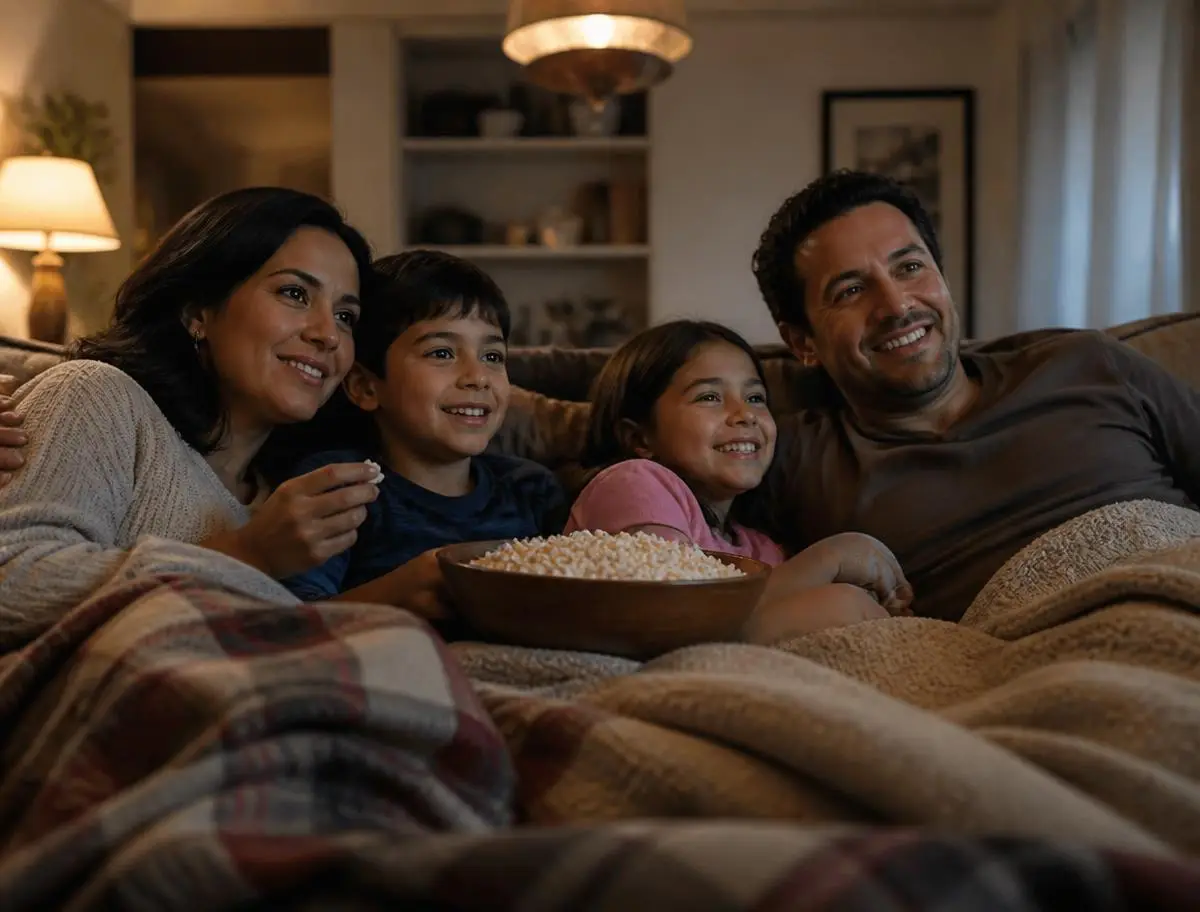 Familia disfrutando una noche de película en la sala de su casa