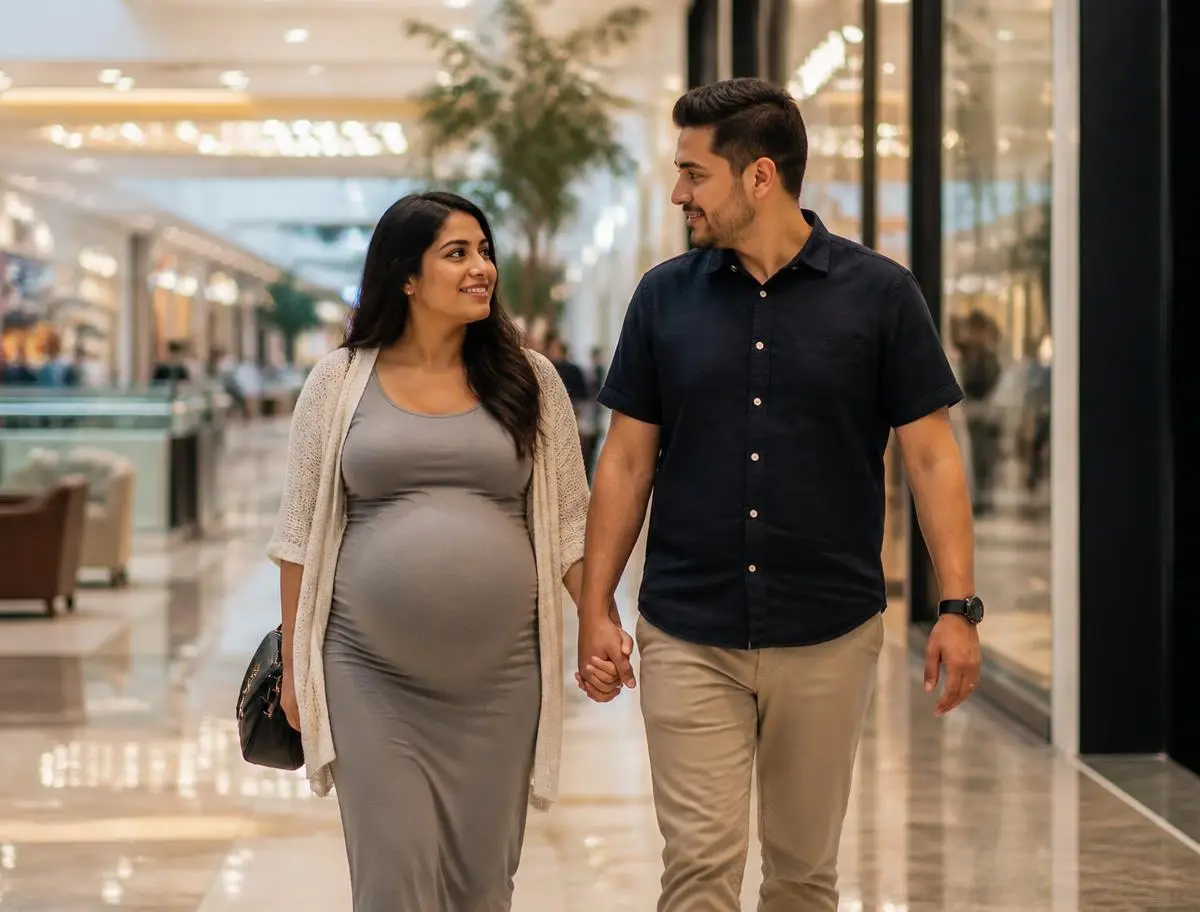 Pareja esperando un bebé caminando tranquila por un centro comercial