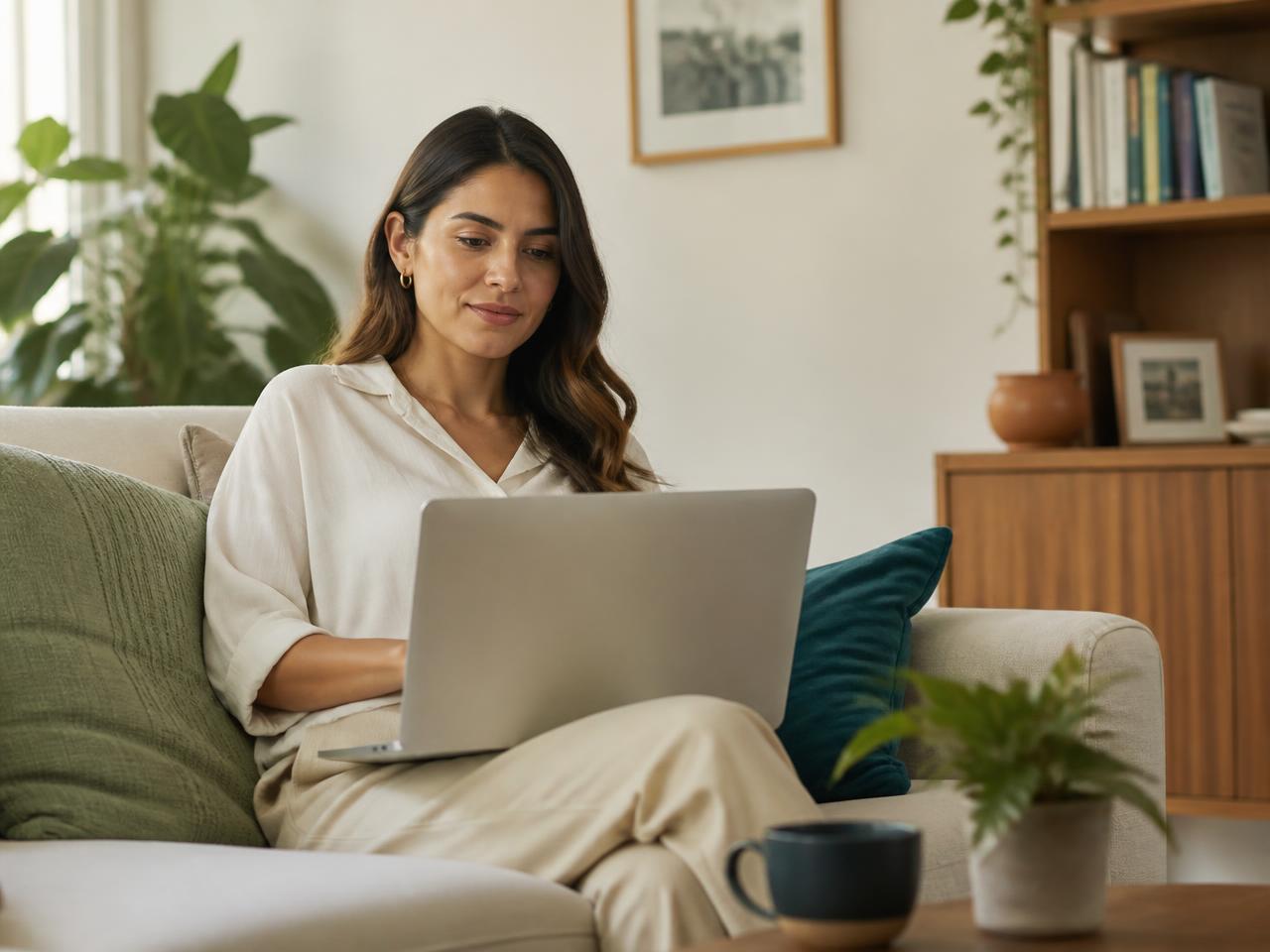 Mujer revisando con calma la información financiera de su hogar desde su sala
